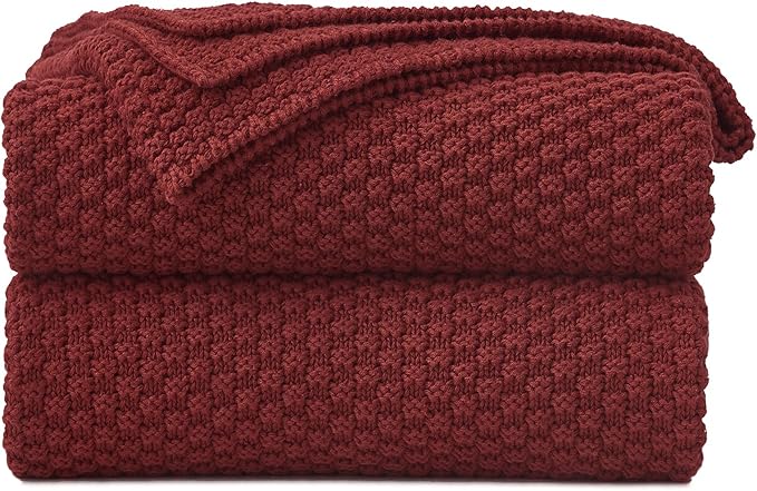 Longhui bedding Wine Red Knitted Throw Blanket for Couch, Cozy Machine Washable 100% Cotton Sofa Knit Bed Blankets, Heavy 4.0lb Weight, 60 x 80 Inches, Laundry Bag Included, Burgundy Color.