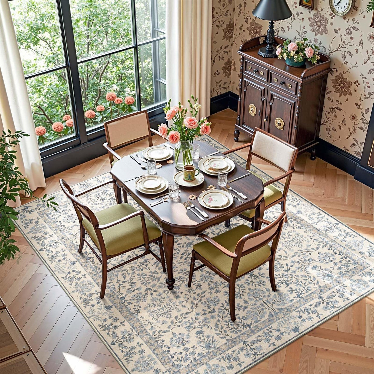 jinchan Zenith Floral 5x7 Area Rug Soft Low-Pile Living Room Rug Machine Washable Non-Slip Vintage Botanical Aesthetic Throw Carpet for Bedroom Dining Room Nursery Blue/Cream