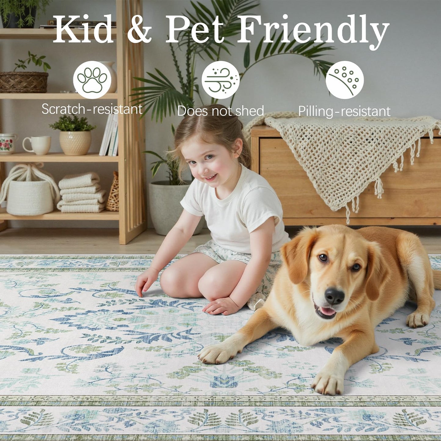 DCX Green 8x10 Rug, Kid & Pet Friendly with Rubber Back Non Slip, Machine Washable Stain Resistant Botanical Floral Rug for Living Room, Bedroom, Soft Low Pile Large Nursery Carpet