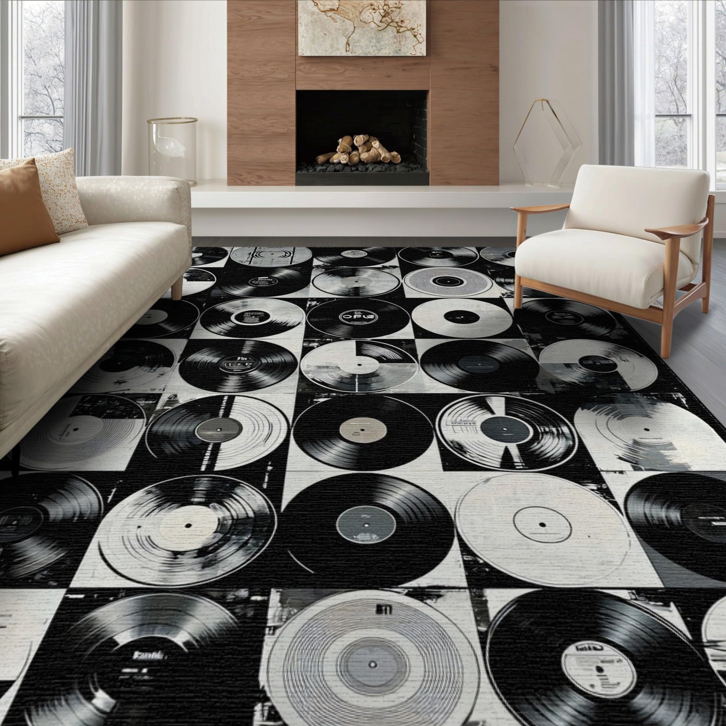 ODIKA Flatwoven High Traffic Area Rug 8x10, Vinyl Record Inspired with Classic Rock Band Graphics, Non Slip, Stain Resistant, Washable Area Rugs for Living Room, Bedroom (Black, 8x10)