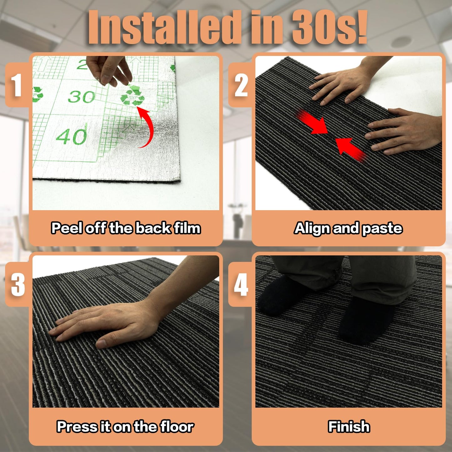 10 Carpet Tiles Peel and Stick, 12” x 12” Self Adhesive Carpet Floor Tile, Anti-Slip Reusable Squares Soft Padded Carpet Tiles for Kitchen Bedrooms Indoor Outdoor