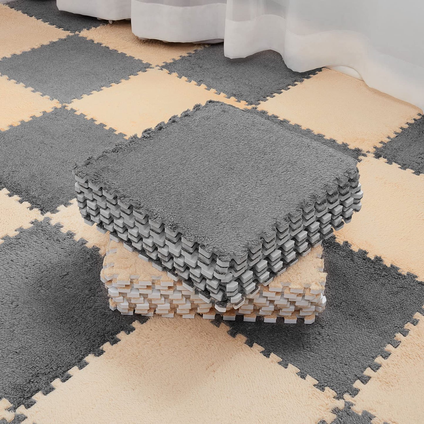 Nuanchu 32 Pcs Plush Foam Interlocking Floor Mat Climbing Area Rugs 11.8 x 11.8 Inch Square Soft Fluffy Tiles with Border Play Mat Flooring Tiles for Home Playroom Decoration (Khaki, Gray)