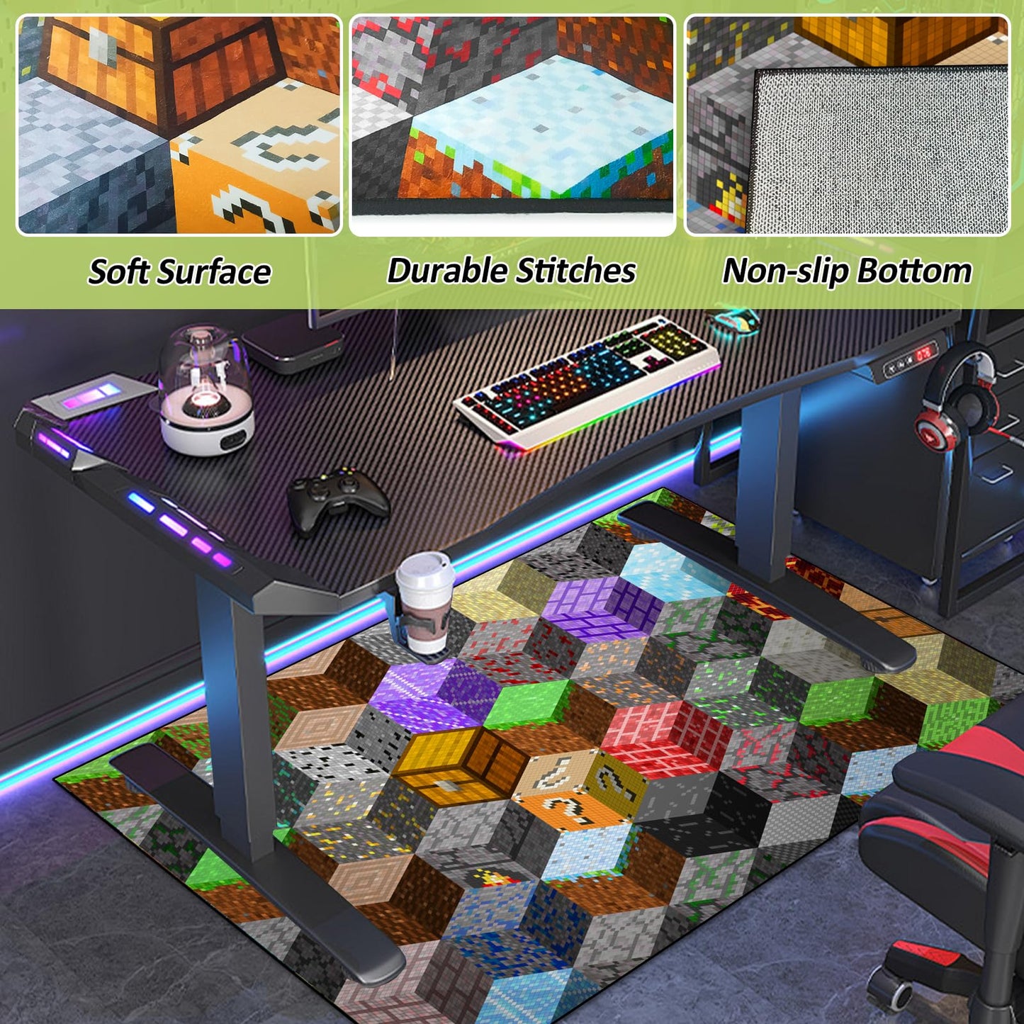 Block Game Rug Teen Boys Carpet with Pixel Games Element Decoration Mat, Cube Block Game Rugs for Boy’s Bedroom Living Room Playroom, Non-Slip Children Gaming Area Rugs (86" x 63")