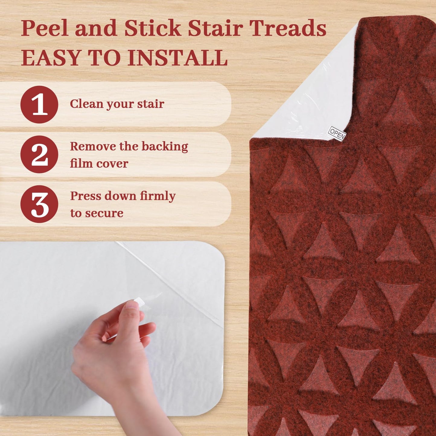 RIOLAND Non-Slip Carpet Stair Treads for Wooden Steps Indoor, 8" X 30", 15 Pack Peel and Stick Stair Treads Runners for Kids Elders and Pets, Red