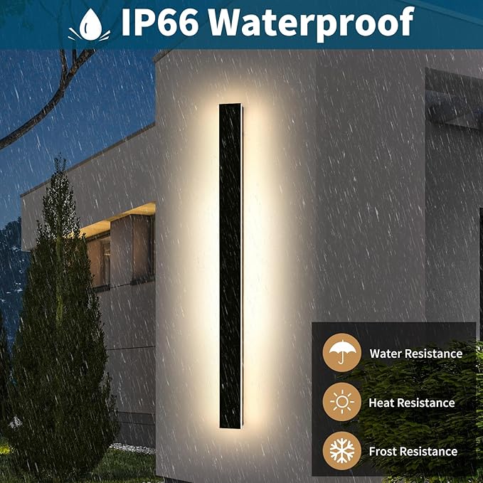 59inch Modern Outdoor Wall Lights, Outside Linear Wall Light, 3 Color Lights 3000K/4500K/6000K, IP65 Waterproof, Frosted Acrylic, Black Exterior Wall Sconce for Porch Doorway Patio Garage Garden