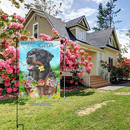 Happy Easter Rottweiler Dog Black Flower Eggs Garden Flag Welcome Party Outdoor Outside Decorations Picks Home House Garden Yard Decor 12x18 Inch