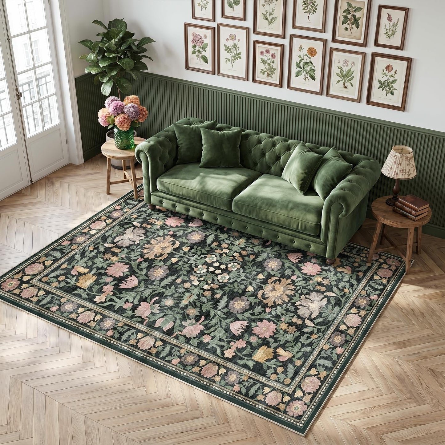 Cnythlis Washable Area Rug, Botanical Floral Living Room Carpet, 0.3" Low Pile Soft Rug, Non-Slip Silicone Grip Backing, Water-Resistant for Bedroom, Dining Room, Charcoal Green, 5'x7'