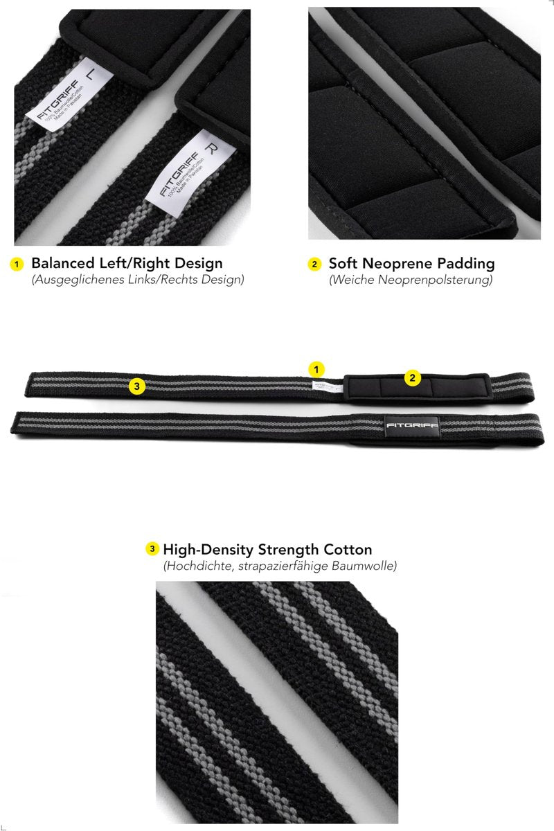 Fitgriff® Lifting Straps & Wrist Wraps (Bundle) Superior Support for Weightlifting & Gym Workouts - for Men and Women (Black/Grey)