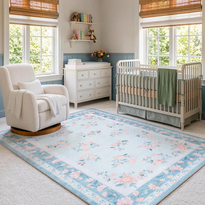 LIVEBOX Washable Area Rug 5x7 - French Country Living Room Rug Non-Slip Nursery Rugs for Boy Girls Bedroom, Soft Carpet Floral Rugs for Play Room Office, Light Blue