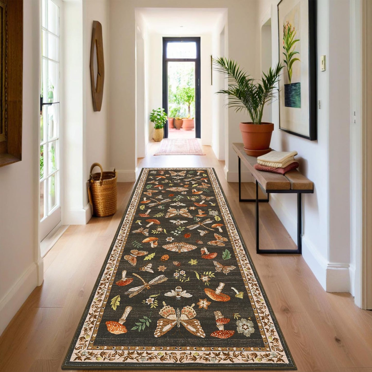 ROYHOME Mushroom Insect Washable Rug 2x6 Runners for Hallways, Boho Kitchen Runner Rugs Non Slip Bath Runner, Modern Bedroom, Soft Long Entryway Bathroom Laundry Dorm, Brown