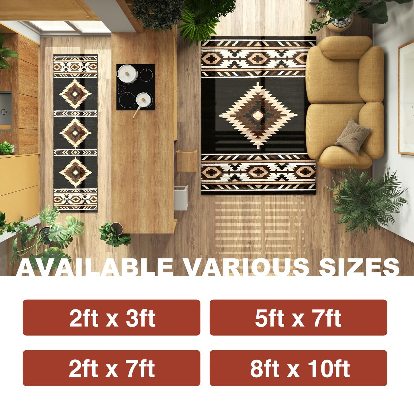 YHSF Southwestern Area Rug - Anti Static, Washable, Soft Native American Tribal Floor Rugs for Living Room, Bedroom, Hallways, and More - Easy-to-Clean Home Decors - Black, 2 Feet x 3 Feet