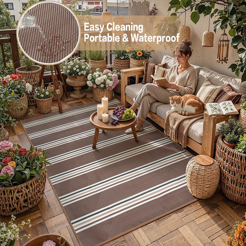 PureCozy Outdoor Waterproof 6x9 Rug for Patio Reversible Plastic Straw Brown Striped Camping Mat Outside Lightweight Large Floor Mat for RV Deck Beach Balcony Picnic Backyard Entry Porch