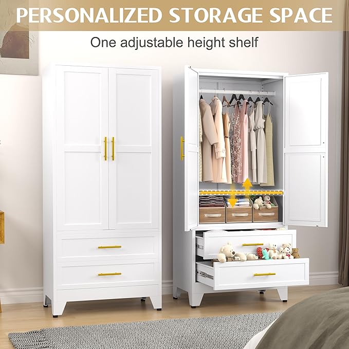 GAIOUS Metal Wardrobe Cabinet with Hanging Rod, Clothing Storage Cabinets | with 2 Door, 1 Adjustable Shelf and 2 Drawers, 71" Steel Armoire Wardrobe Closet for Bedroom, Gym, Cloak Room (White)