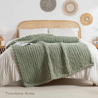 Chunky Knit Blanket Throw, 100% Hand Knit Throw Blanket Handmade Chenille Cable Knit Throw for Couch, Stylish Cozy Soft Rope Knot Crochet Blanket for Home Decor, Sage Green, 40x50 Inches