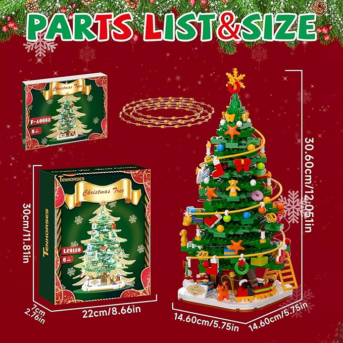Christmas Tree with LED Light Building Blocks Compatible with Lego Christmas Ornaments Set for Tabletop Home Wreath Snowflake Xmas Decoration Stocking Stuffers Toy for Boys Girls Adults