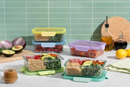 Ello Color Lock Glass Meal Prep Sets Leak-Proof Glass Food Storage Containers with Airtight BPA-Free Plastic Lids, Dishwasher, Microwave, and Freezer Safe