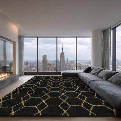 ARKIIKI Large Rugs for Living Room, 8x10 Black Fluffy Bedroom Area Rug, Shag Geometric Soft Fuzzy Carpets Big Kids Room Rug, Non-Slip Plush Modern Rug for Office Home Decor Aesthetic, Black/Gold