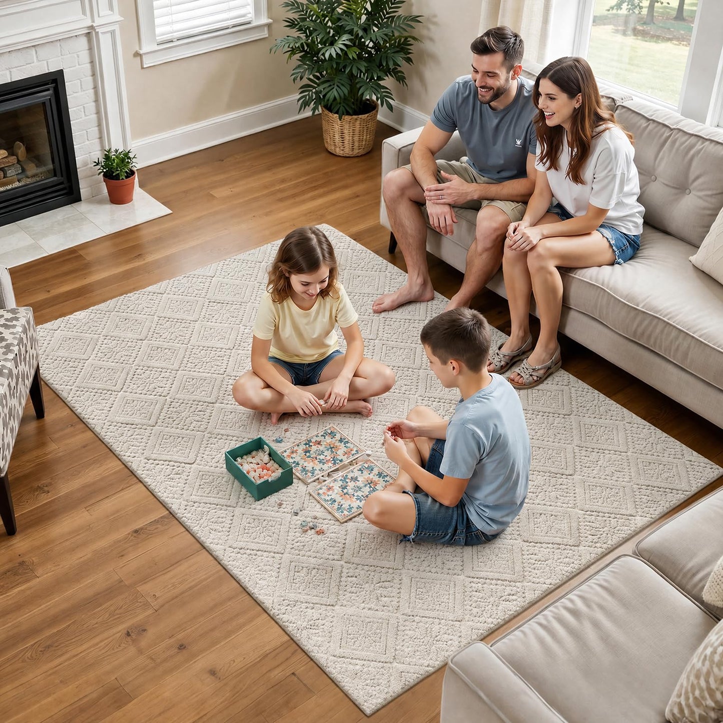 U'Artlines 6x9 Beige Washable Area Rug for Living Room, Soft Fluffy High Low Textured Carpet, Modern Neutral Geometric Non Slip Rugs for Bedroom Dining Room Kids Room