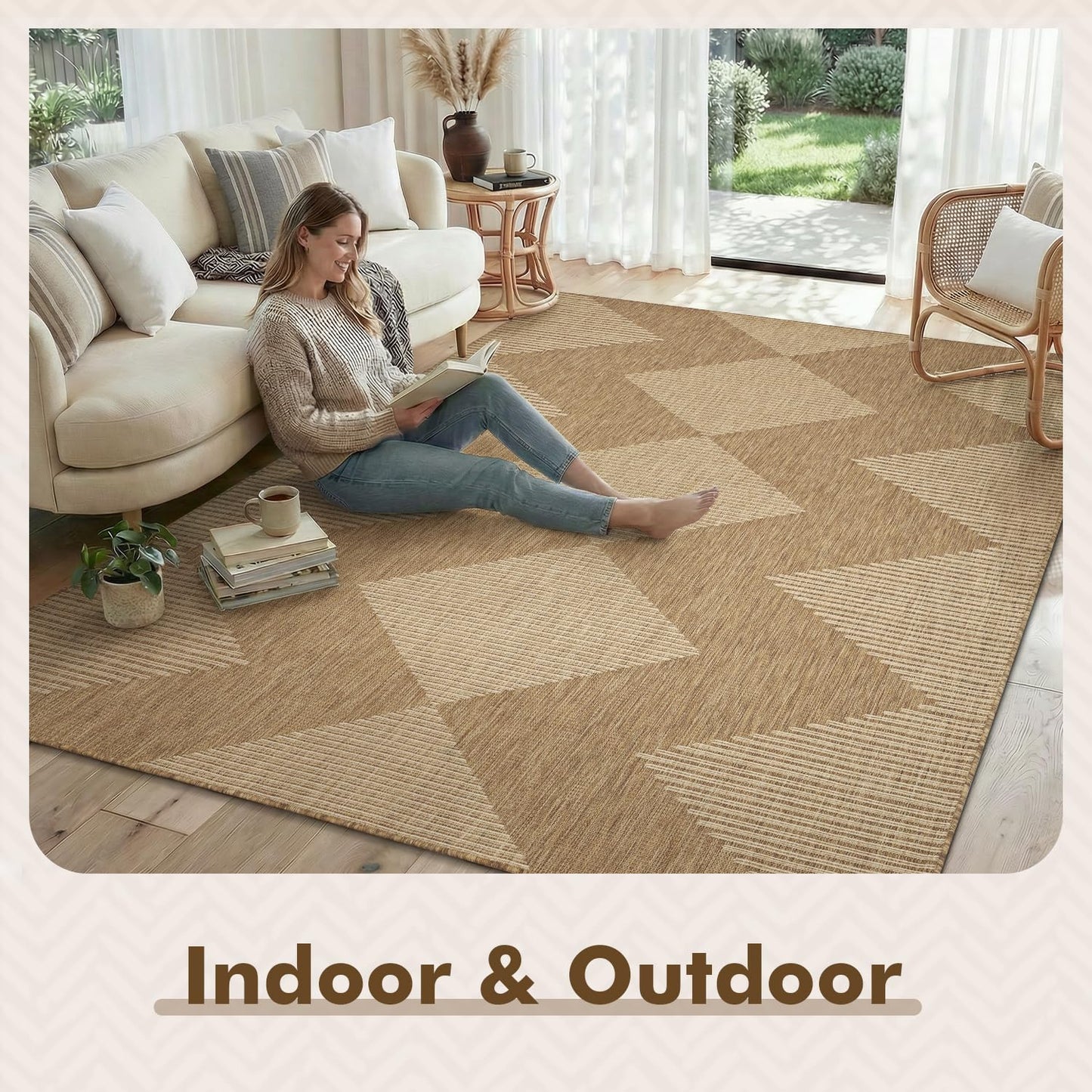 MontVoo-Outdoor Rug Carpet Patio Rug 5x7 ft Polypropylene Indoor Outdoor Rugs for Patio Deck Balcony Porch, Textured Weave, Durable for High Traffic, Fade-Resistant, Boho Geometric Neutral Brown