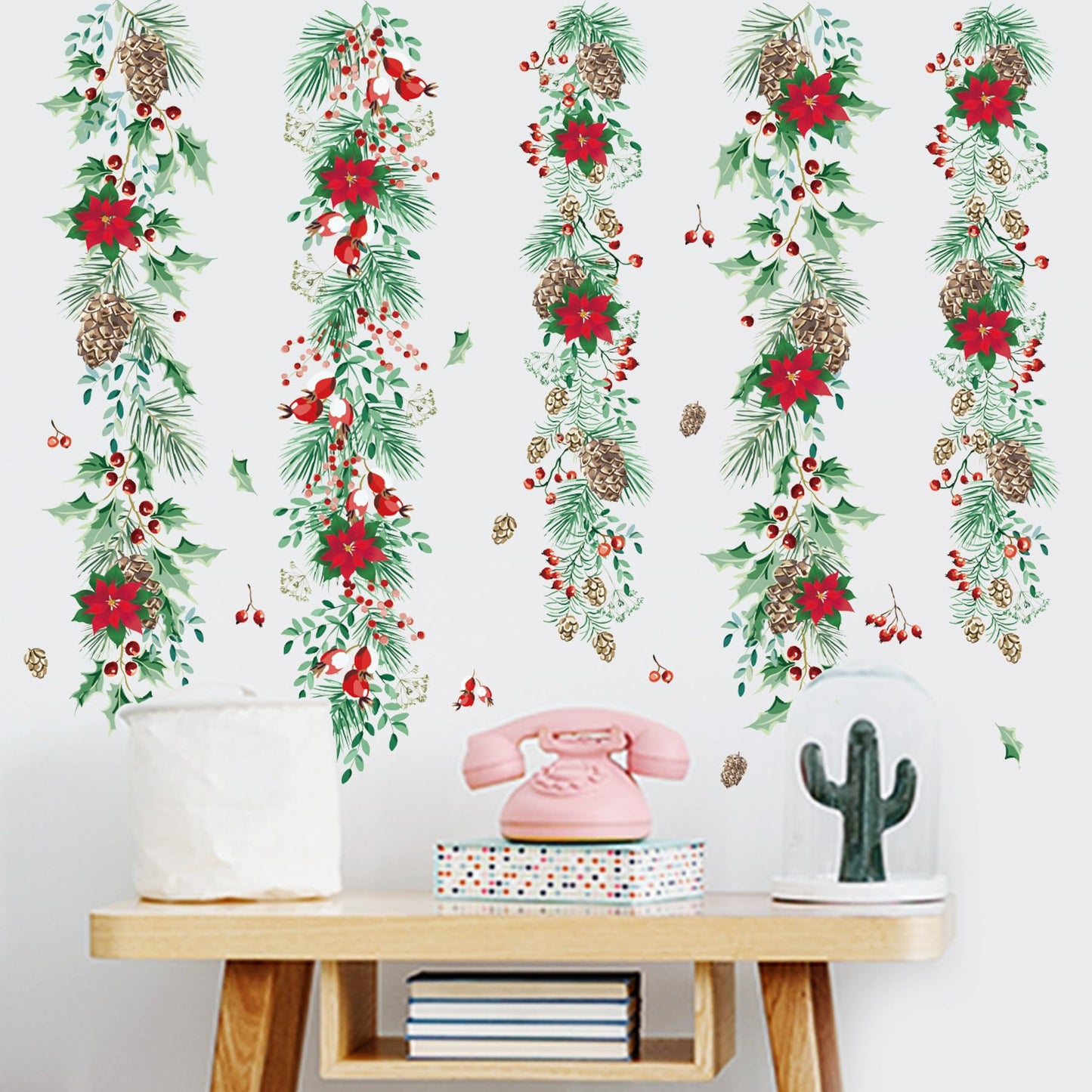 Christmas Garlands Wall Stickers Christmas Pine Cones Red Berry Vine Wall Decals Hanging Poinsettia Green Leaves Flower Window Decals for Xmas Winter Party Home Office Classroom Festival Decoration