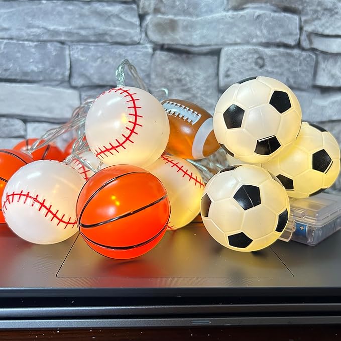 Sport Ball Theme Room Decor String Lights with 8 Mode,Battery Operated 14 ft 20 LED Mix Baseball Basketball Football Soccer Led Lights for Bedroom Christmas Themed Tree Party Decoration