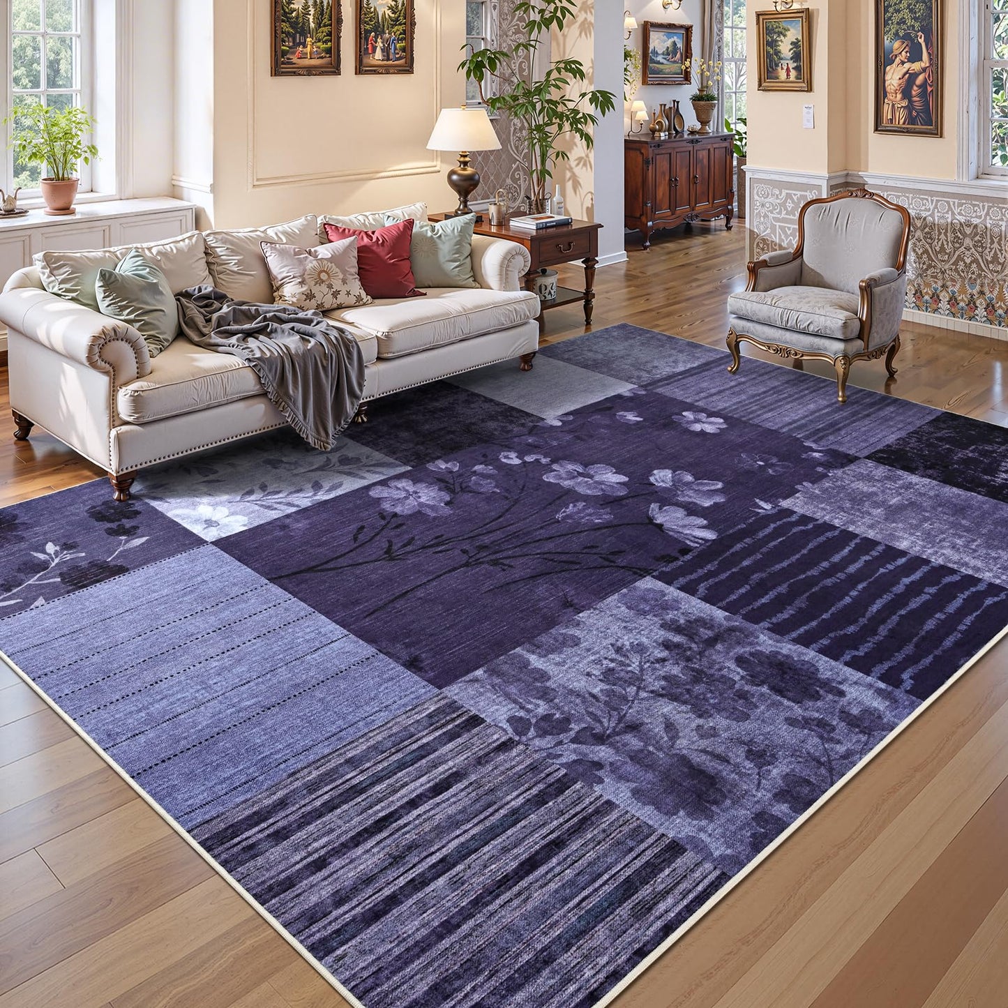 DweIke Area Rugs 4'x6' Washable Purple Rug for Living Room, Non-Slip Modern Geometric Patchwork Stain Resistant Indoor Throw Carpet for Bedroom Dining Room Farmhouse Office Decor