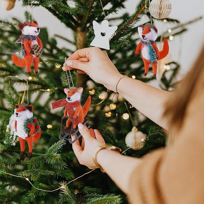 Set of 4 Christmas Felt Fox Ornaments, 5" Mini Wool Mr. Foxes Figurines for Christmas Tree Wreath Hanging, Fantastic Xmas Tabletop Decor, Animal Crafts Holiday Easter Gifts Party Supply