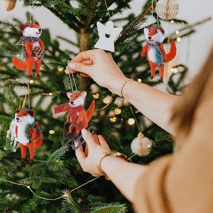 Set of 4 Christmas Felt Fox Ornaments, 5" Mini Wool Mr. Foxes Figurines for Christmas Tree Wreath Hanging, Fantastic Xmas Tabletop Decor, Animal Crafts Holiday Easter Gifts Party Supply