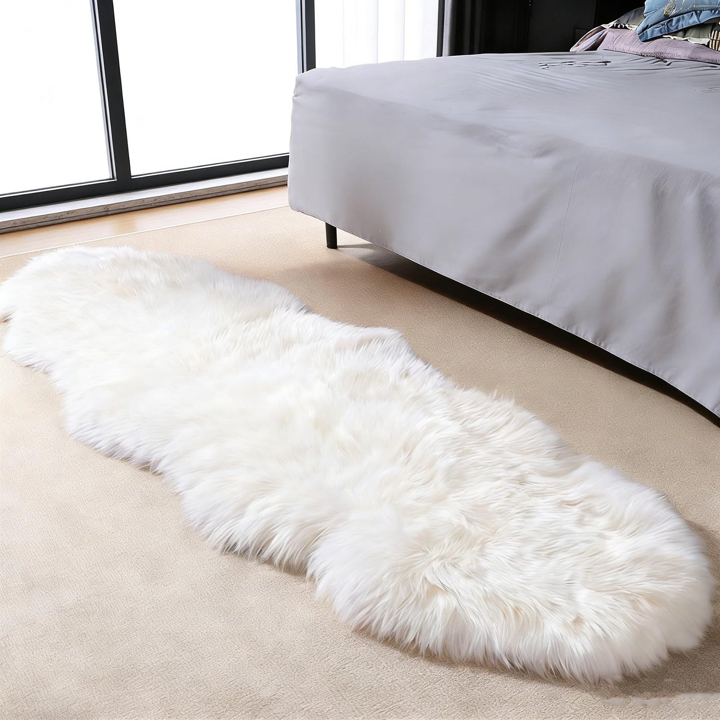 Genuine Sheepskin Rug with Little Patches | Premium Ivory White Fluffy Sheep Skin Carpet for Bedroom Fireplace | Soft Wool Throw for Elder, Pet | Luxurious Fur Rug for Chair, Sofa, Non Dyed 2FT*6FT