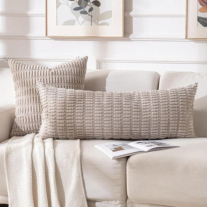 Fancy Homi Taupe Long Lumbar Decorative Throw Pillow Covers 14x36 Inch for Bed Couch Bed Sofa, Rustic Farmhouse Boho Room Decor, Soft Striped Corduroy Rectangle Cushion Case 35x91 cm