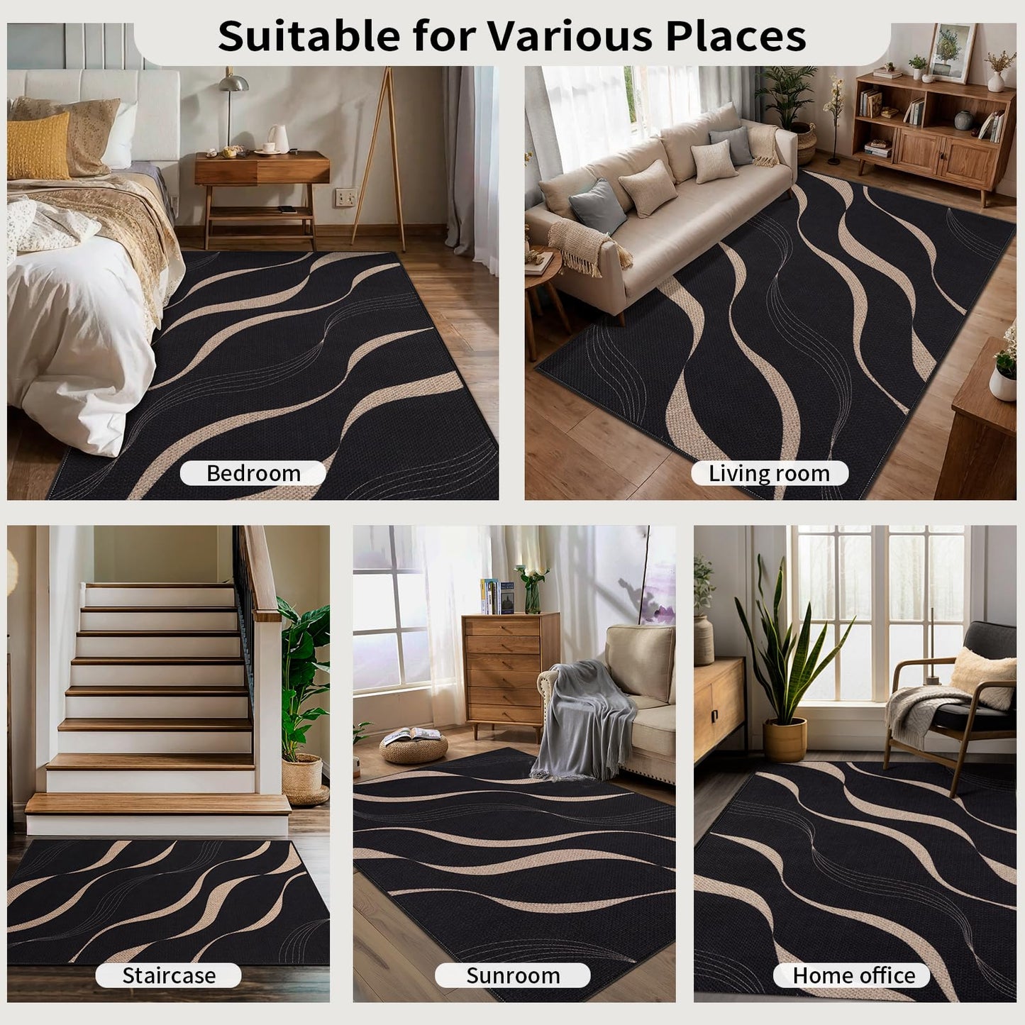 Tangsoo Easy Jute 2x6 Runner Rug for Hallways,Black Washable Non-Slip Outdoor Rug Runner,Modern Farmhouse Wavy Lines Thin Carpet Runner for Laundry Bedroom Kitchen Entryway Porch