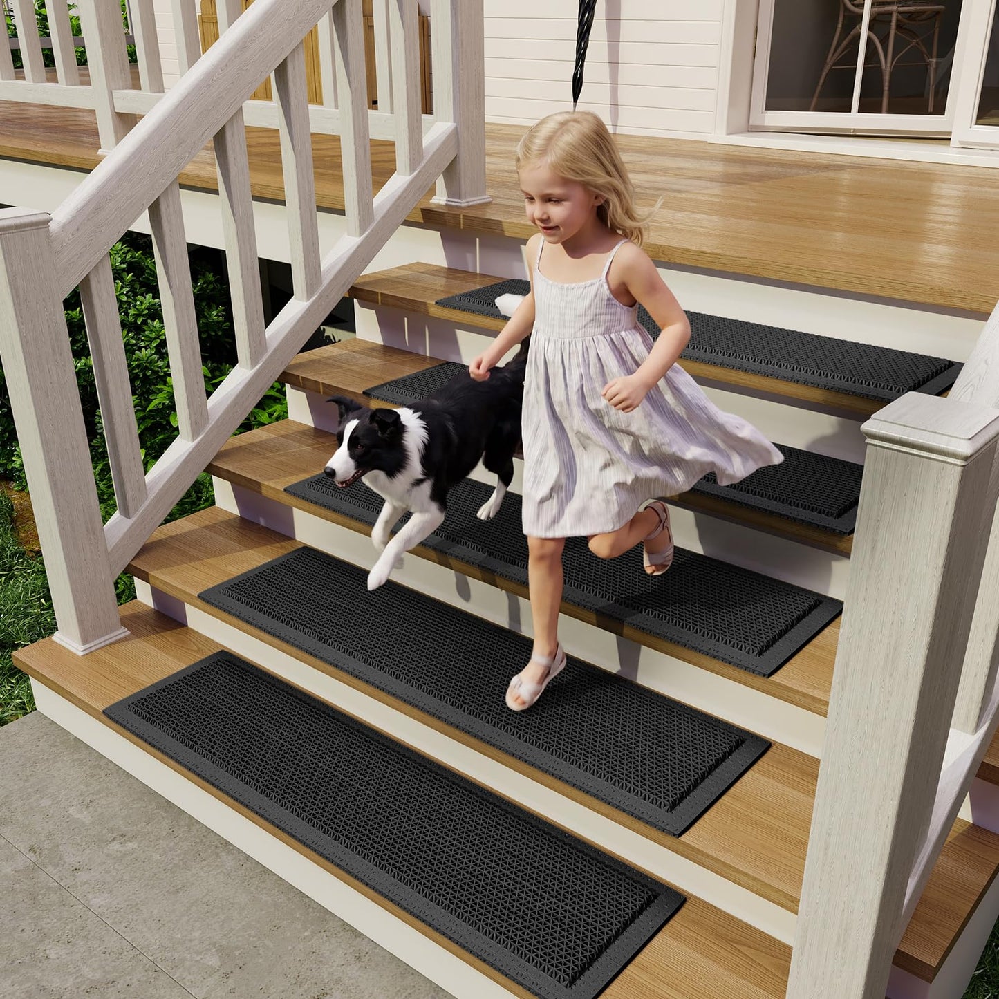 PVC Stair Treads for Wooden Step Outdoor, 8"x30" 5-Pack Self Draining Non Slip Step Covers, Heavy Duty Resistant Exterior Mats for Wood Stairs Fast Water Flow, Anti Slip Rubber-Like Stair Treads Black