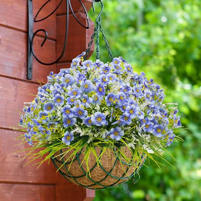 36pcs Faux Plants Outdoor, Uv Resistant Artificial Plants Outdoor Fake Flowers Plants Plastic Greenery Shrubs for Outside Window Box Garden Patio Porch Home Decor (Mixed Blue)