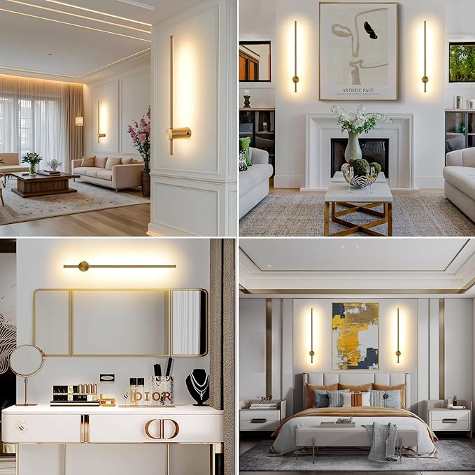 Battery Operated Wall Sconce USB Rechargeable Sconces, 23.6" Brushed Gold Wireless Wall lamp Set of 2, 3000K-6000K & Dimming with Remote Control, LED Wall Lights for Living Room, Bedroom