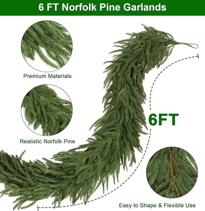 6FT Christmas Norfolk Pine Garland, Realistic Greenery Artificial Garland for Indoor Outdoor Door Porch Fireplace Wall Staircase Holiday Christmas Decor