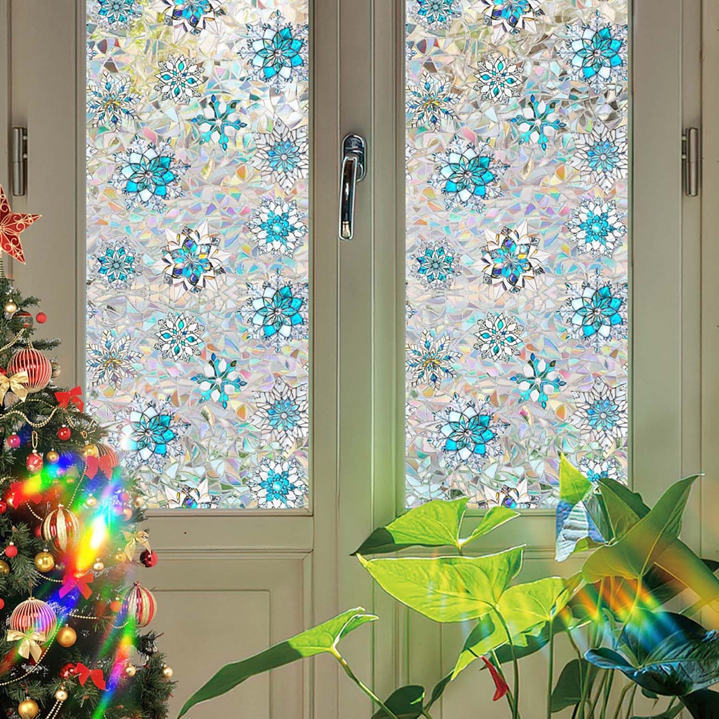 Snowflake Window Film, Stained Privacy Rainbow Window Sticker, Christmas Glass Decals, Static Cling Non Adhesive Door Clings UV Blocking, 17.7" x 43.3"