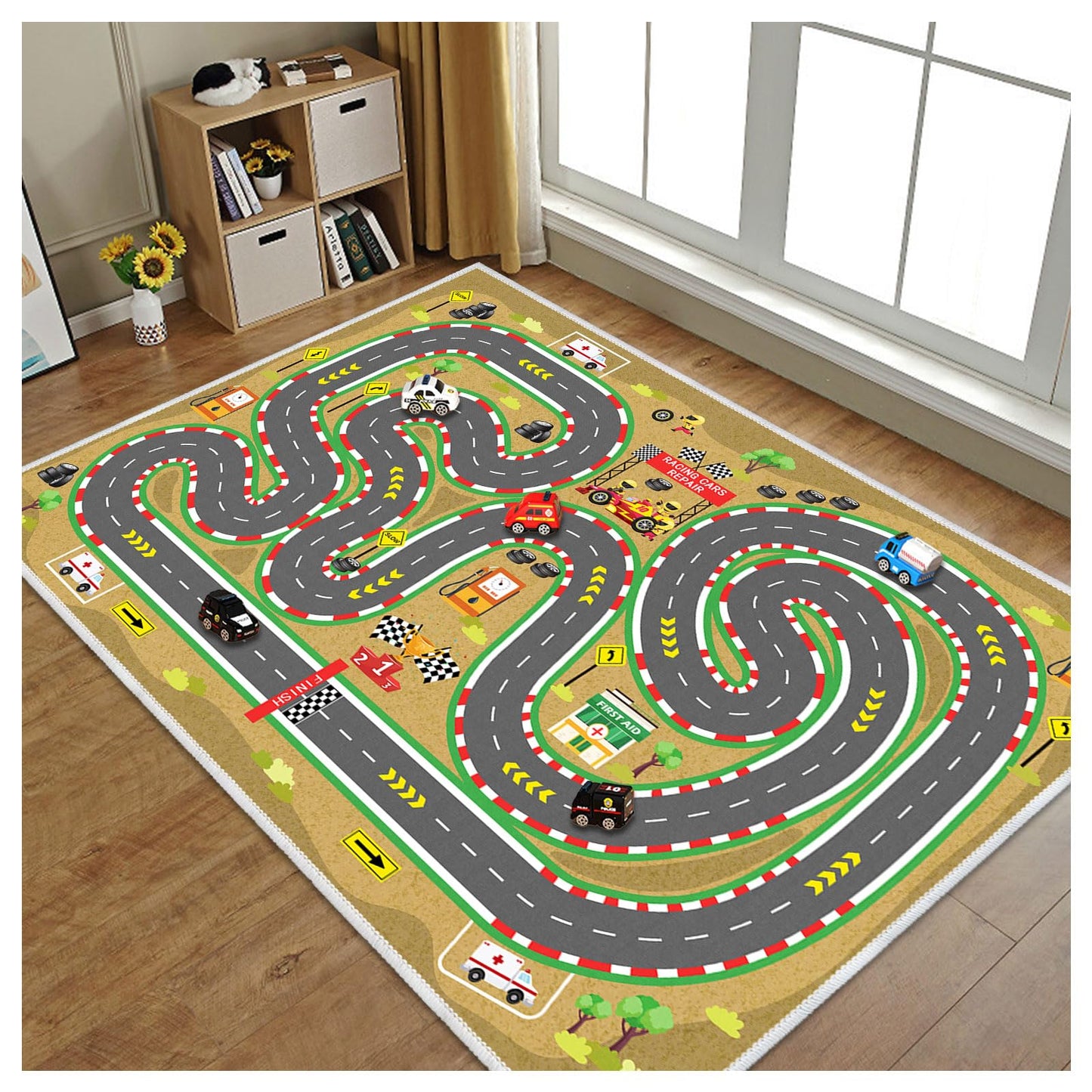 Kids Car Rug, Race Track Playmat Rugs for Cars, Road Traffic Carpet for Playroom, Fun City Life Map Toy Play Mat for Bedroom Boys(Desert Mirage Track,3.3×4.9ft/39×59in)