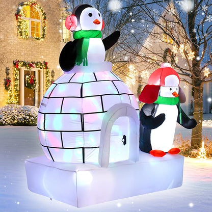 Christmas Inflatable Ice House Penguin 7 Feet Outdoor Decoration Featuring Two Adorable Penguins Ideal for Holiday Display with Built in LED Lights Perfect for Lawn Garden Entryway Christmas Party