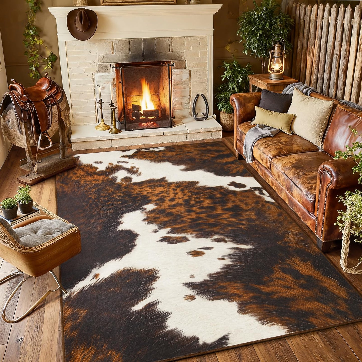 B BENRON Soft Cowhide Rug 4x6 Ft, Faux Cow Hide Rugs for Living Room Bedroom, Non-Slip TPR Backing for Hardwood Floors, Machine Washable & Easy to Clean, Pet Friendly Carpet for Kids, Brown