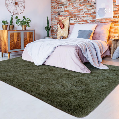 Rtizon Shag Area Rug for Bedroom, 5x8 Feet Fluffy Rugs for Living Room, Plush Carpet with Non-Slip Bottom for Office Girls Boy's Bed Bedside Nursery Room, Olive Green