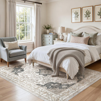 cotiled 5x7 Area Rug Machine Washable Vintage Carpet for Living Room Bedroom Soft Non-Slip Backing Floor Mat Kid & Pet Friendly Stain Resistant Light Brown