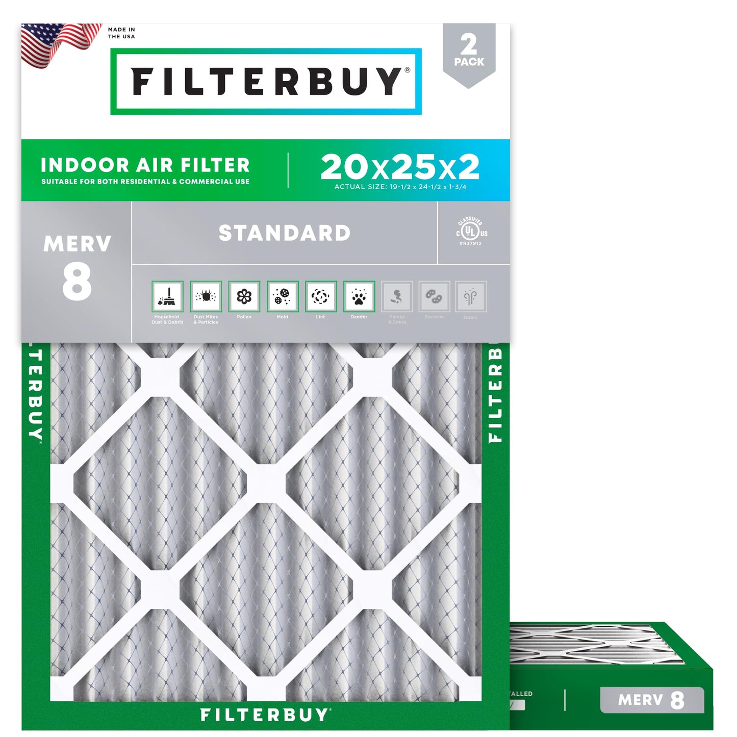 Filterbuy 20x25x2 Air Filter MERV 8 Essential Dust & Allergy Defense (2-Pack), Electrostatic Pleated HVAC AC Furnace Filters Replacement, Made in USA (Actual Size: 19.50 x 24.50 x 1.75)