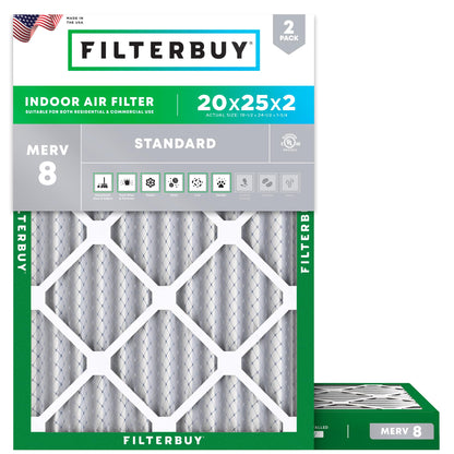 Filterbuy 20x25x2 Air Filter MERV 8 Essential Dust & Allergy Defense (2-Pack), Electrostatic Pleated HVAC AC Furnace Filters Replacement, Made in USA (Actual Size: 19.50 x 24.50 x 1.75)