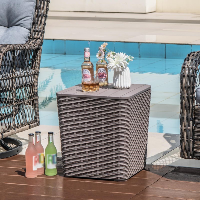 Tangkula 11.5 Gallon Water-proof Deck Box, Outdoor Patio Storage Box w/Removable Lid &, Faux Rattan Storage Container Side Table, All Weather Patio Furniture Extra Seat for Poolside (Brown)