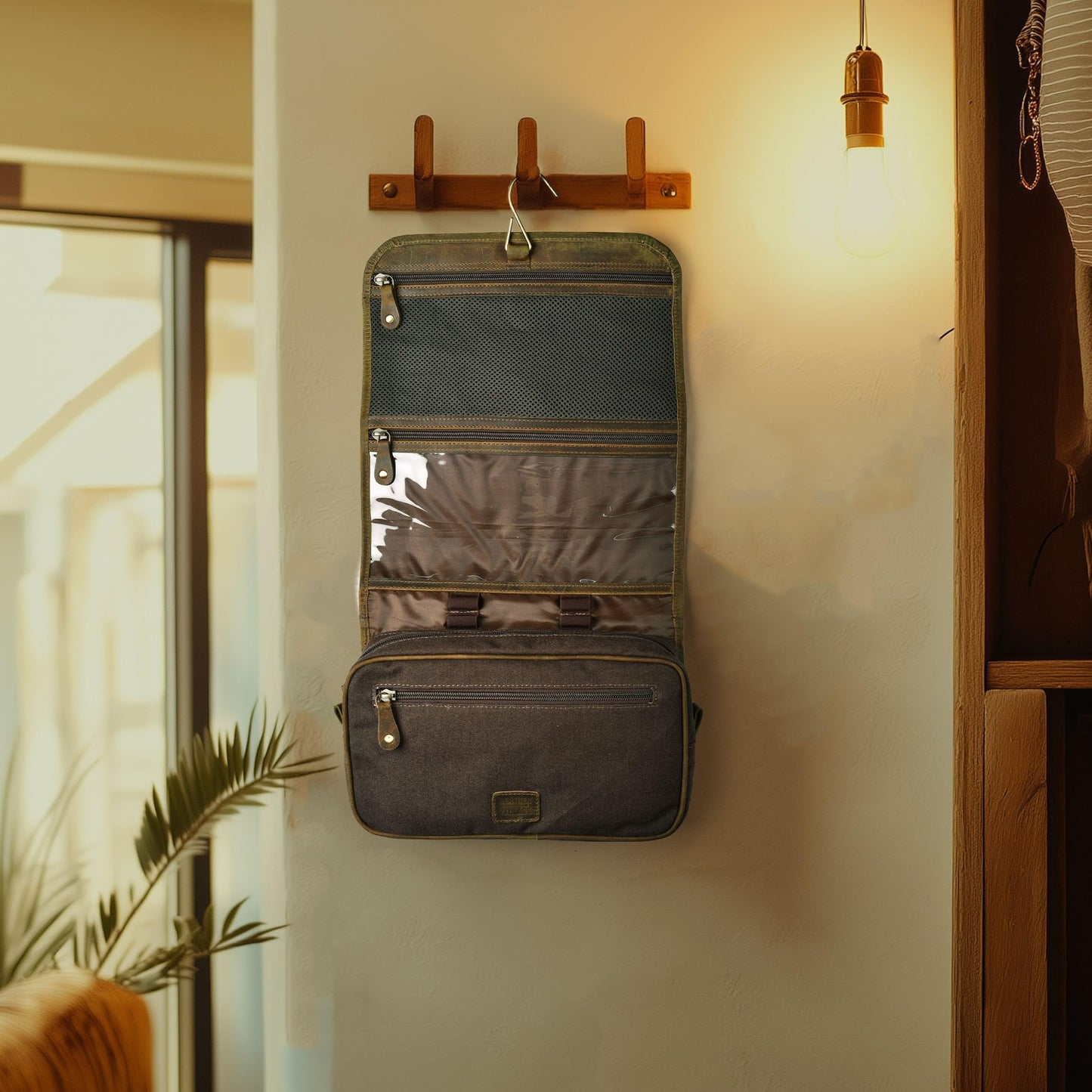 LEATHER VILLAGE Hanging Genuine Leather Toiletry Bag for Men – Handcrafted Vintage Travel Dopp Kit with Waterproof Lining, Shaving Organizer and Shower Bathroom Essentials Case - Mud