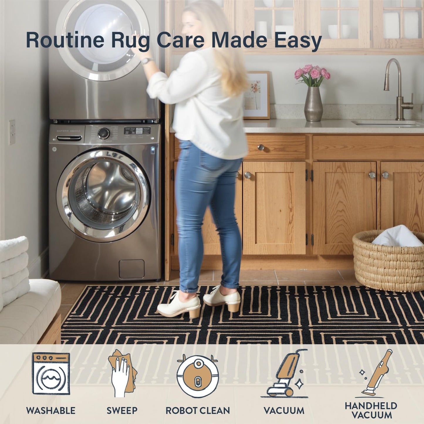 Lahome Maze Lines Easy Jute Washable Runner Rug, 2x8 Kitchen Runner Rug for Hallway, Non Slip Indoor Outdoor Rugs for Entryway Indoor, Black Low Pile Front Door Carpet for Laundry