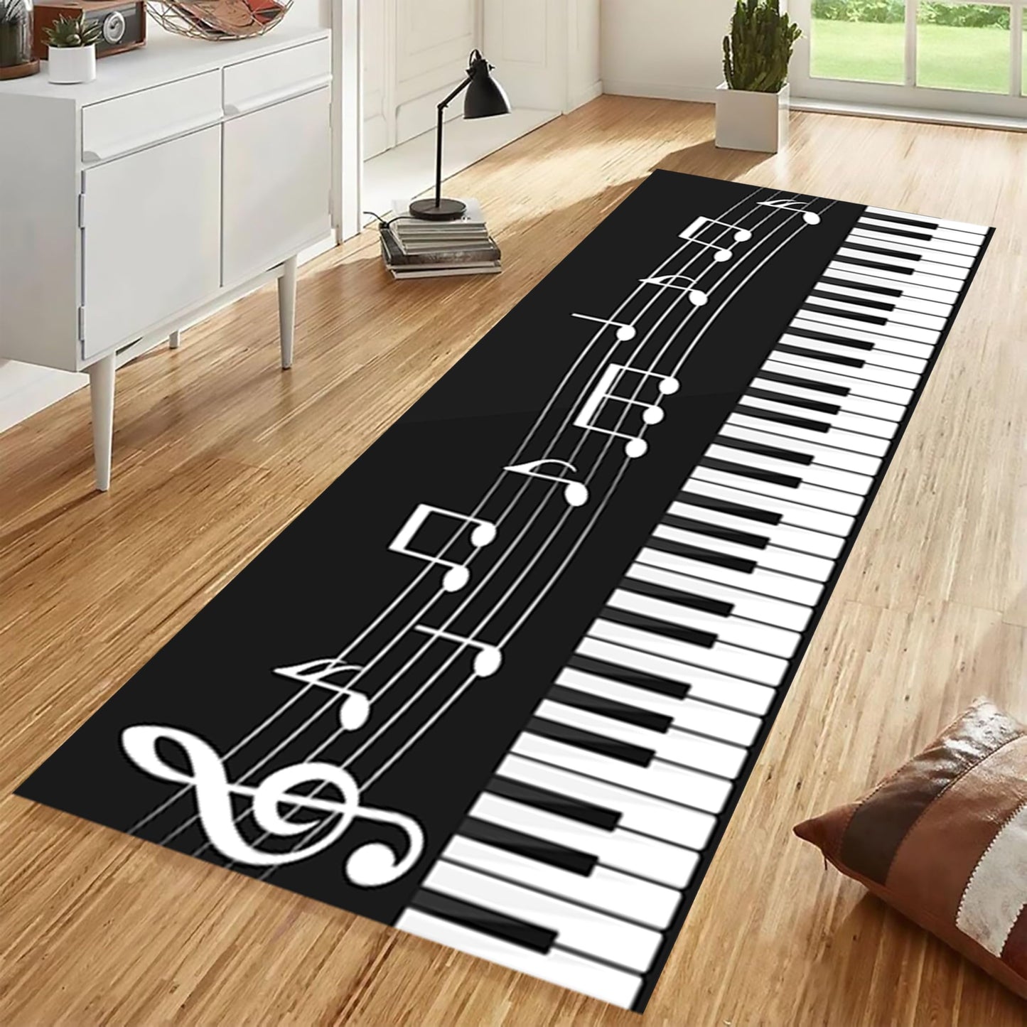 Musical Note Runner Rug, 1.3x7ft, Piano Rug Sheet Music Pattern Music Lovers Non-Slip Carpet, Black White Music Themed Carpet Aisle Rugs for Living Room Bedroom Kitchen Foyer