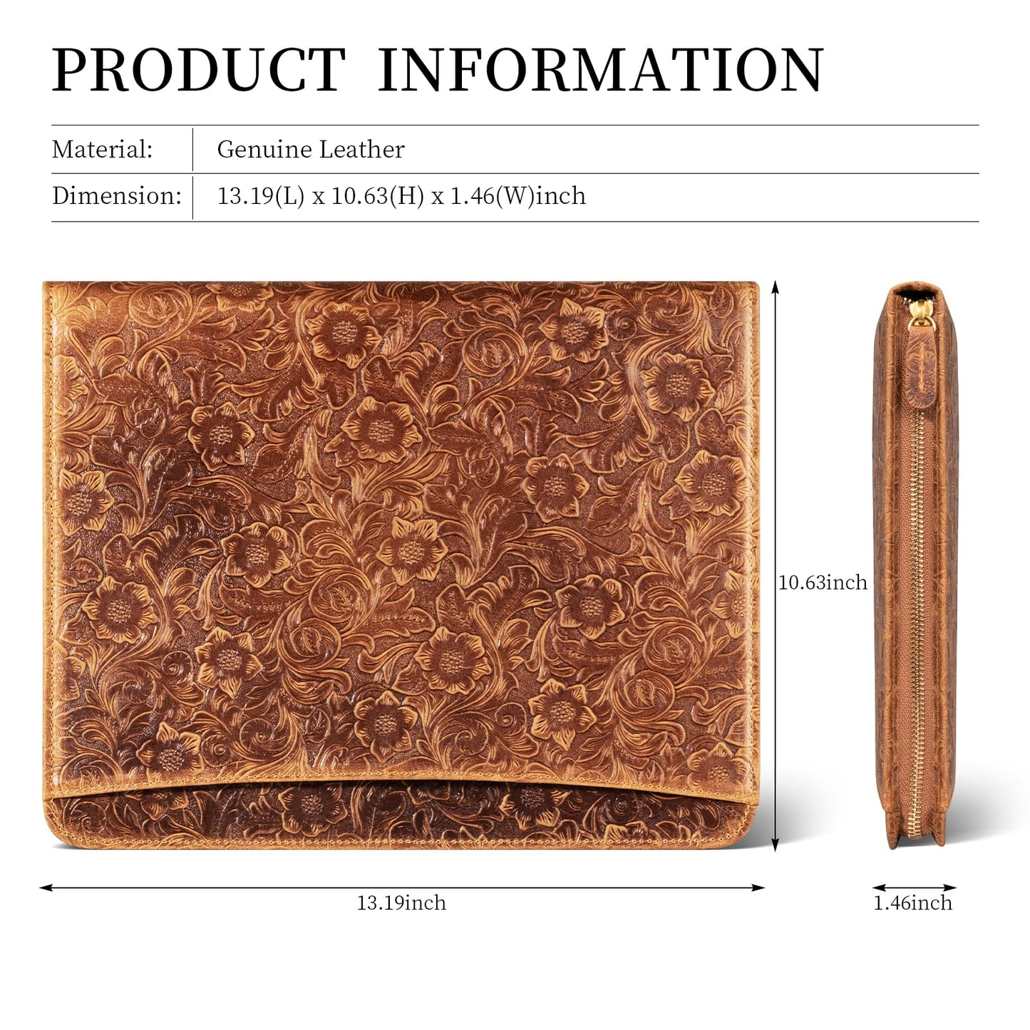 Gexmil Leather Portfolio Organizer for Women Men, Business Padfolio Folder with Zipper, Full Grain Leather,Interview Legal Document File Resume Organizer, A4 Writing Notepad Padfolio, Floral Brown