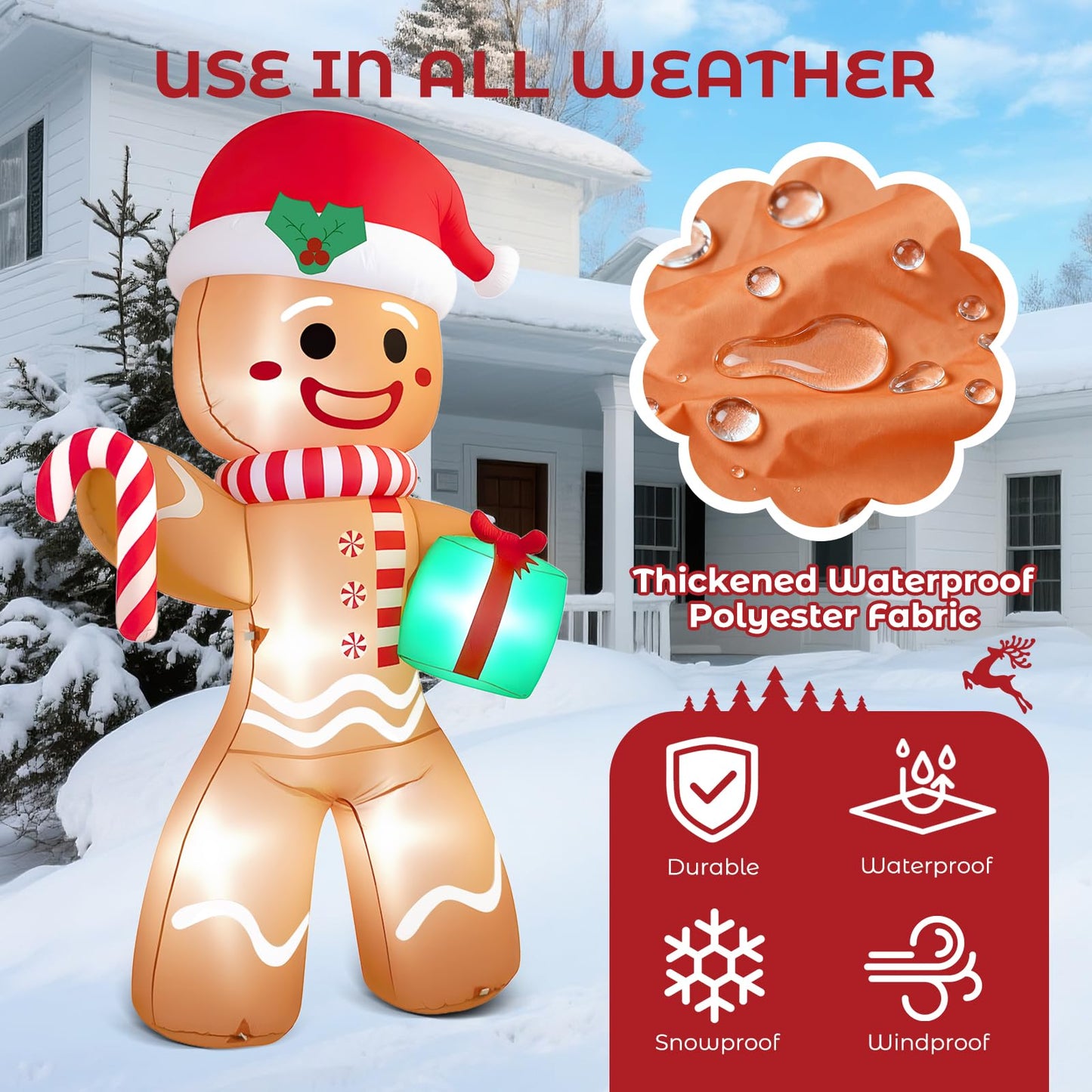 Partyotu Christmas Inflatable Gingerbread Man, Blow Up Holiday Party Decor with Build-in LED Lights, Waterproof Inflatable Christmas Decorations for Outdoor Roof Yard Lawn Garden Indoor (Brown, 8FT)