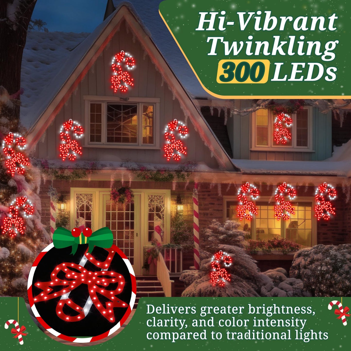 HappyAlley 3 Pack Christmas Window Decorations, 10 in. 300 LED Hi Vibrant Twinkling Lighted Candy Cane Window Light with Bows, Waterproof Outdoor Red and White Candy Cane Decorations for Walls, Porch